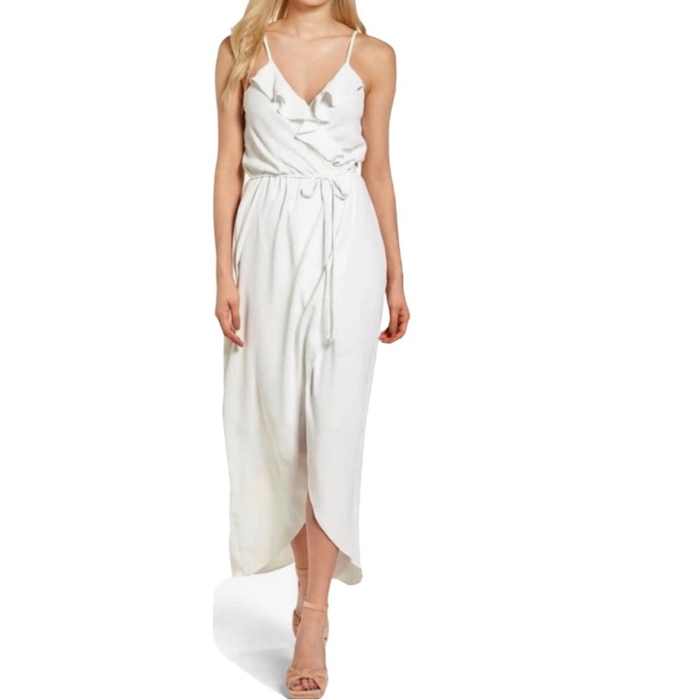 Everly Ruffle Front Tie Waist Mock Wrap Slit Maxi Dress White Large Resort Party - Picture 8 of 13